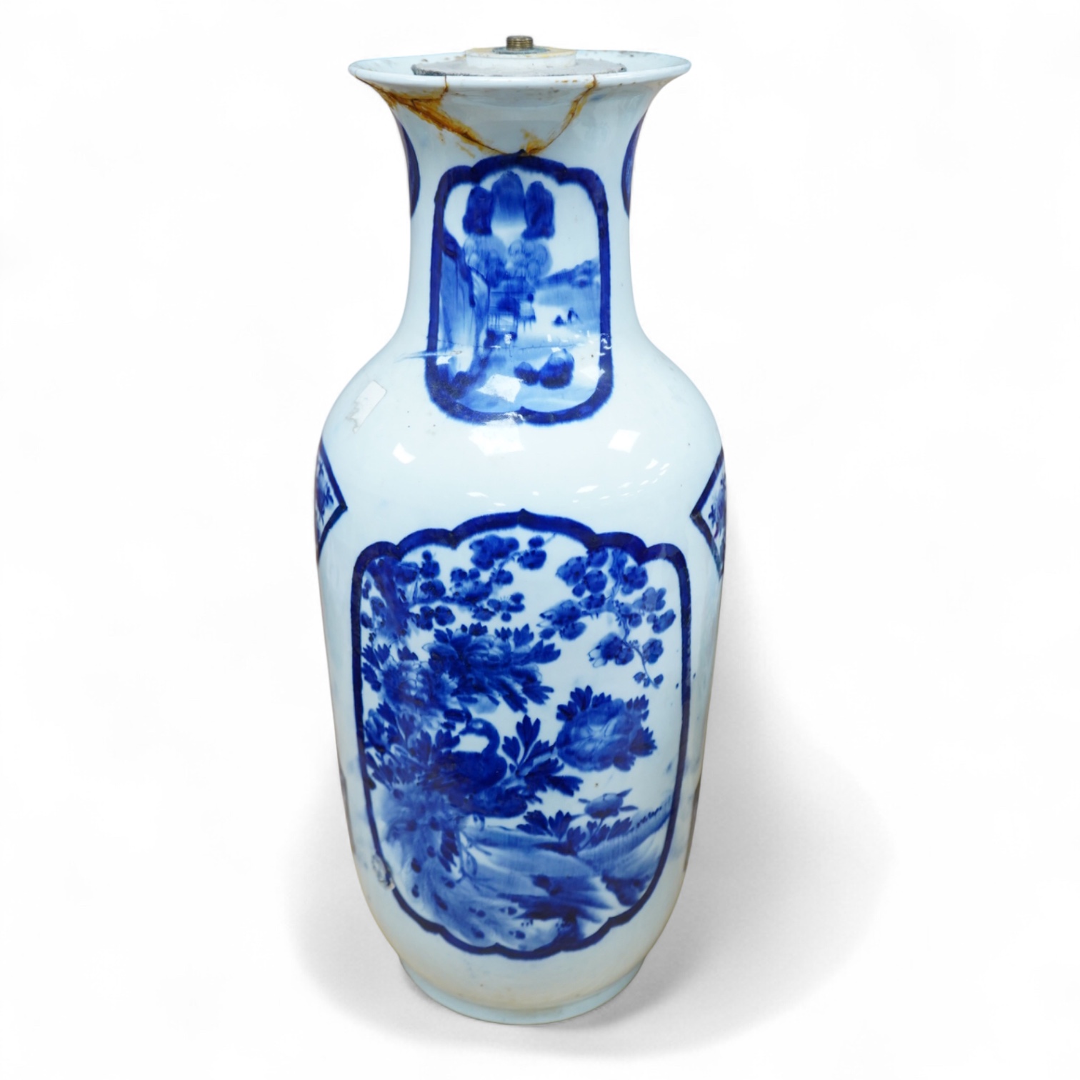 A Japanese blue & white vase, Meiji period, signed (later lamp mount), 49.5cm high